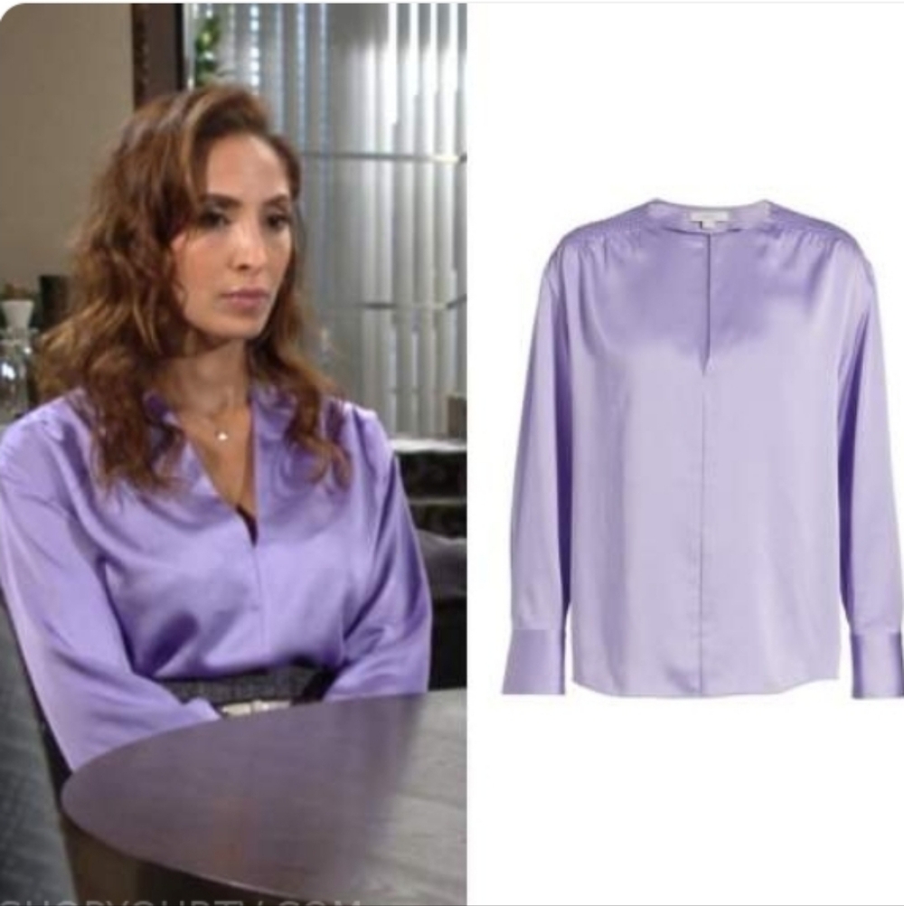 Vince Smocked Satin Long Sleeve Blouse